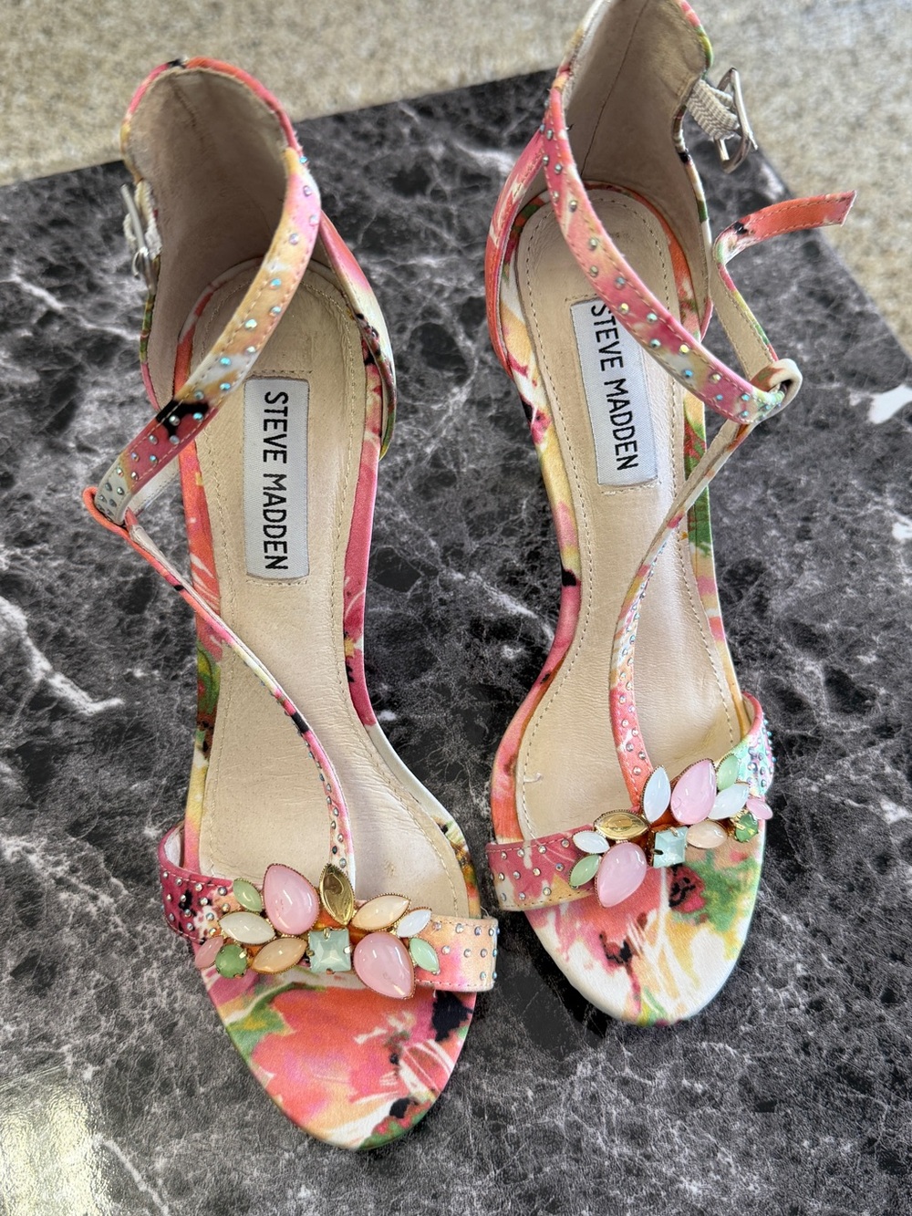 Steve Madden Multicolor Floral Jeweled Ankle-Strap Heels
